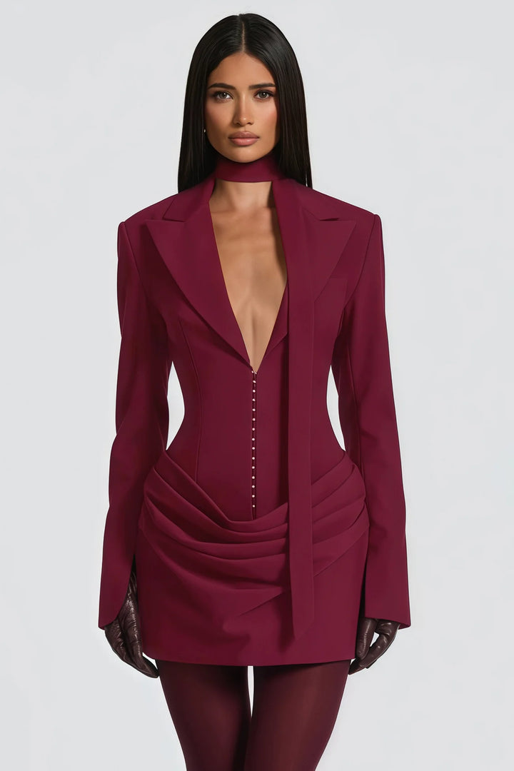 Belle Femme Hourglass Dress in burgundy with stylish plunging neckline and elegant draping for trendy women's fashion.