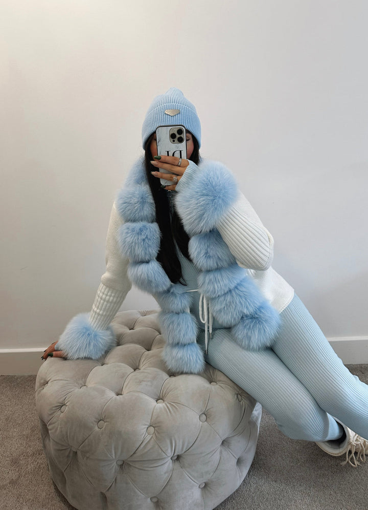 VELORIA – Winter Cardigan mit Kunstpelzkragen in hellblau, kombiniert mit passender Beanie und sportlichen Outfits.