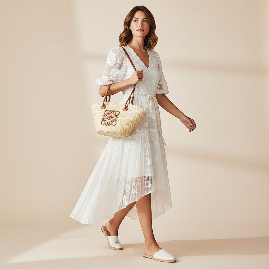 Miraee Paris Soleil beach bag in woven straw with brown leather handles carried by a woman in a white lace dress