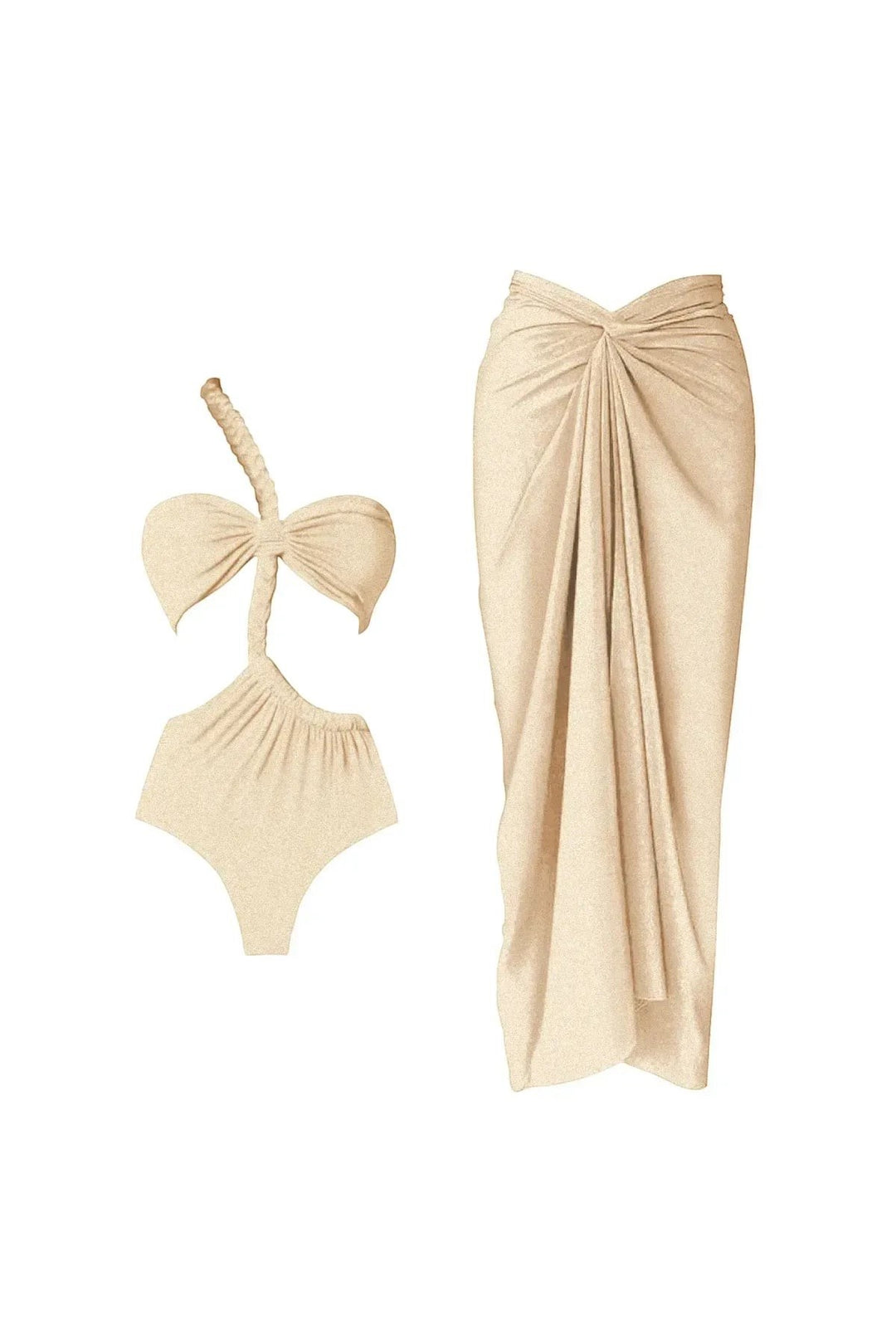 Miraee Paris Sophia one-shoulder bikini set in shimmering gold with matching high-waist bottoms and elegant cover-up