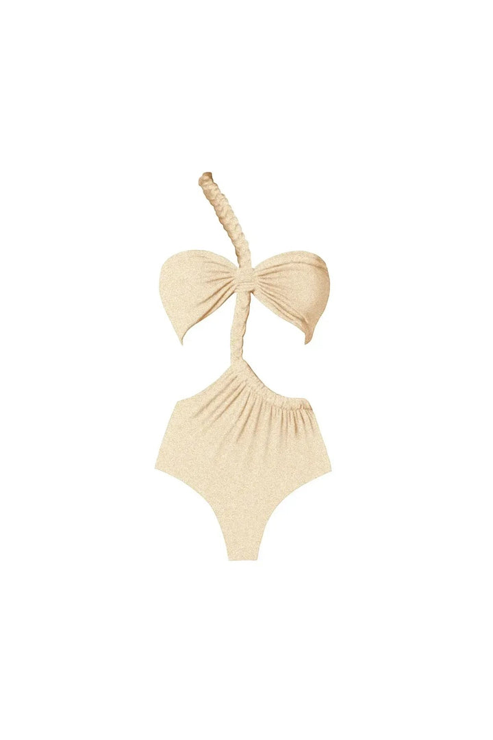 Miraee Paris Sophia one-shoulder bikini in shimmering champagne gold with elegant braided strap and cutout detail.