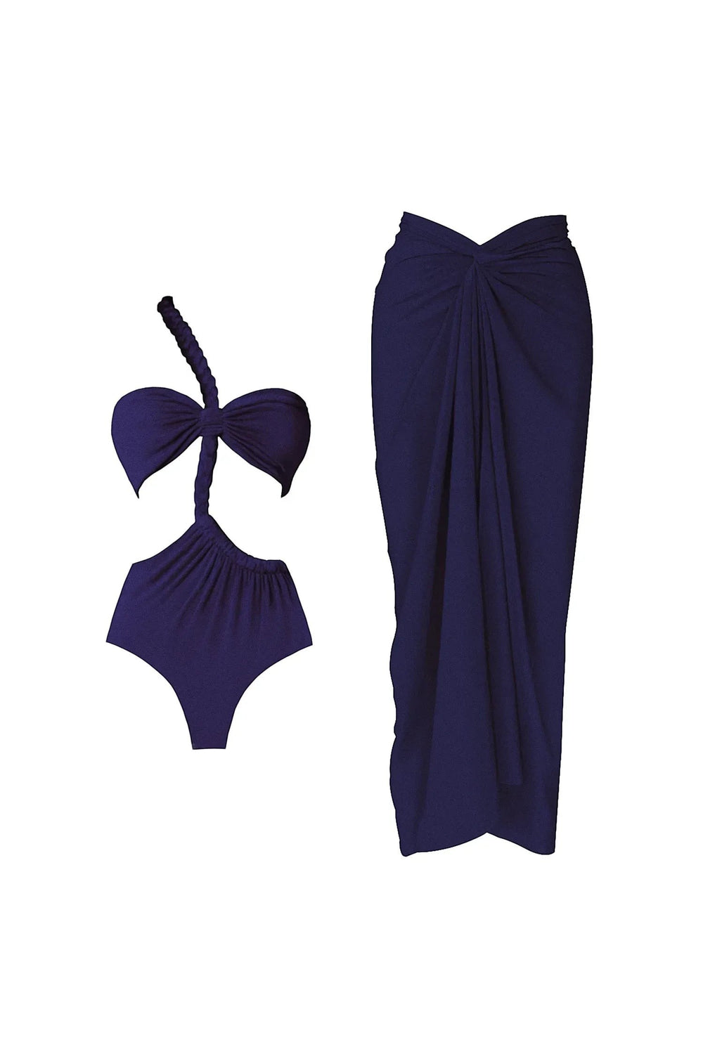 Miraee Paris Sophia one-shoulder bikini set in deep blue with a matching sarong cover-up and elegant ruched details.
