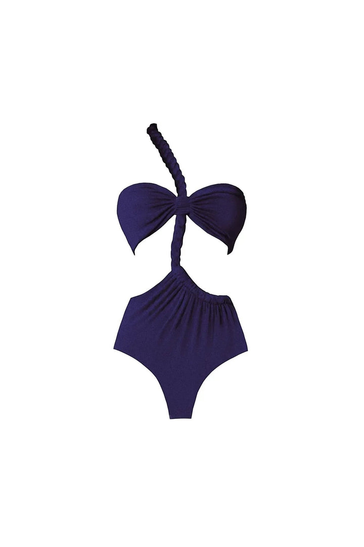 Miraee Paris Sophia one-shoulder bikini in deep purple with a braided strap and elegant ruched detailing.