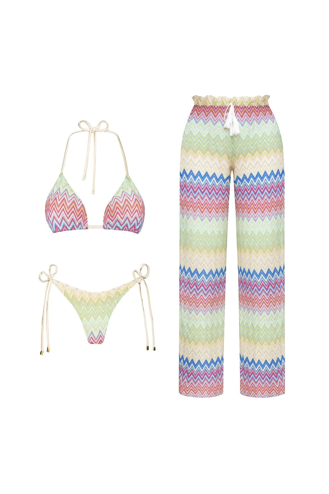 Miraee Paris 3-piece bikini set with chevron striped triangle top, tie-side bottoms, and matching wide-leg mesh pants.
