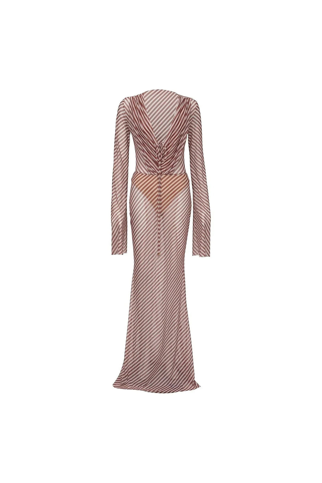 Miraee Paris Luna striped long-sleeve maxi cover-up dress with a sheer, lightweight fabric and drawstring front detail.