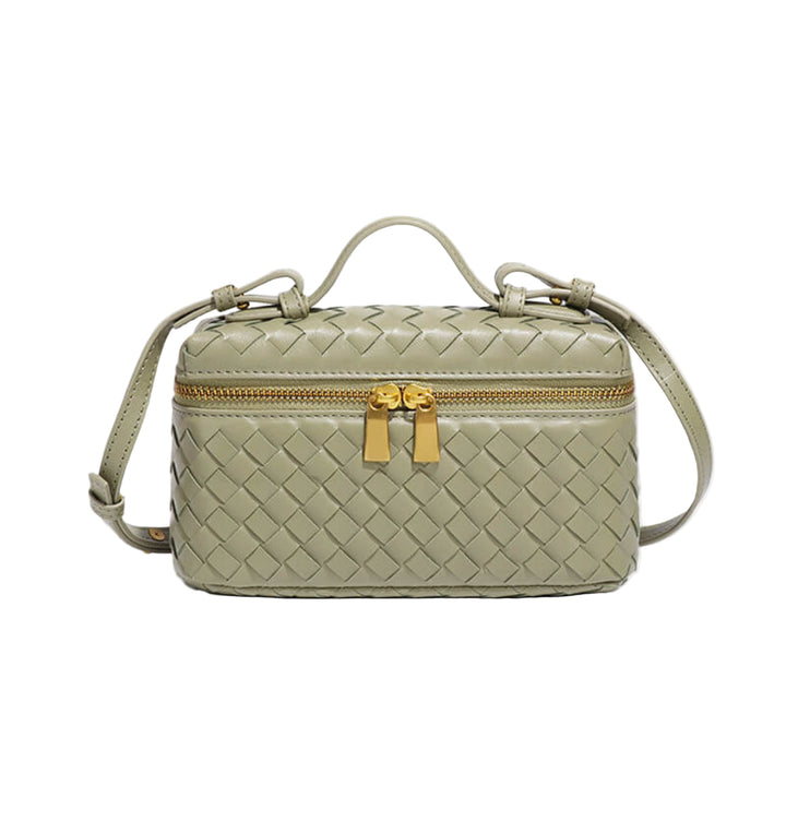 AURELIA – Luxuriöse Ledertasche mit Flechtdesign, elegante Schultertasche in grün mit goldenen Details, trendige Damenmode.