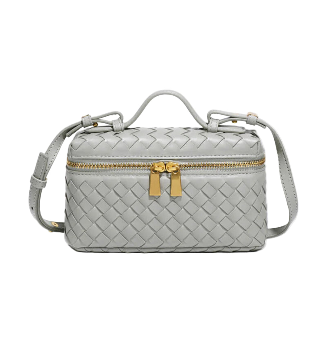 AURELIA – Luxuriöse Ledertasche mit Flechtdesign in Grau mit goldenen Reißverschlüssen, ideal für Damenmode.