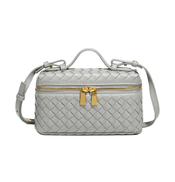 AURELIA – Luxuriöse Ledertasche mit Flechtdesign in Grau mit goldenen Reißverschlüssen, ideal für Damenmode.