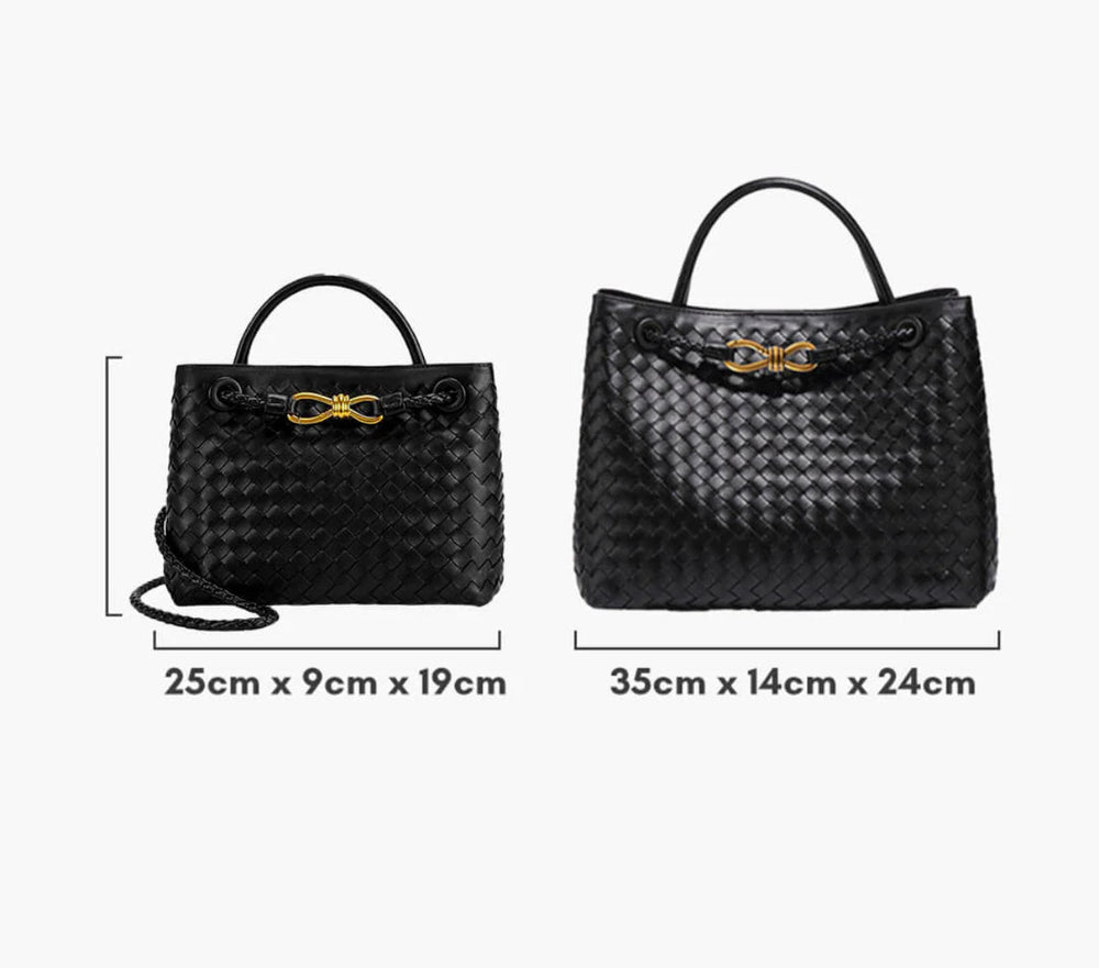 CELIA MINI –  Luxus Ledertasche, in zwei Größen abgebildet, stilvolle schwarze Handtasche mit goldenen Applikationen.