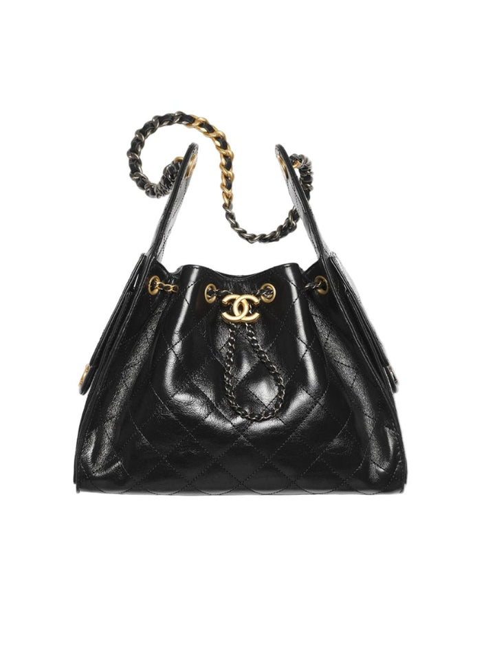 Luxe Suede Bucket Bag aus schwarzem Leder mit goldfarbenem Ketten-Detail für Damenmode online kaufen