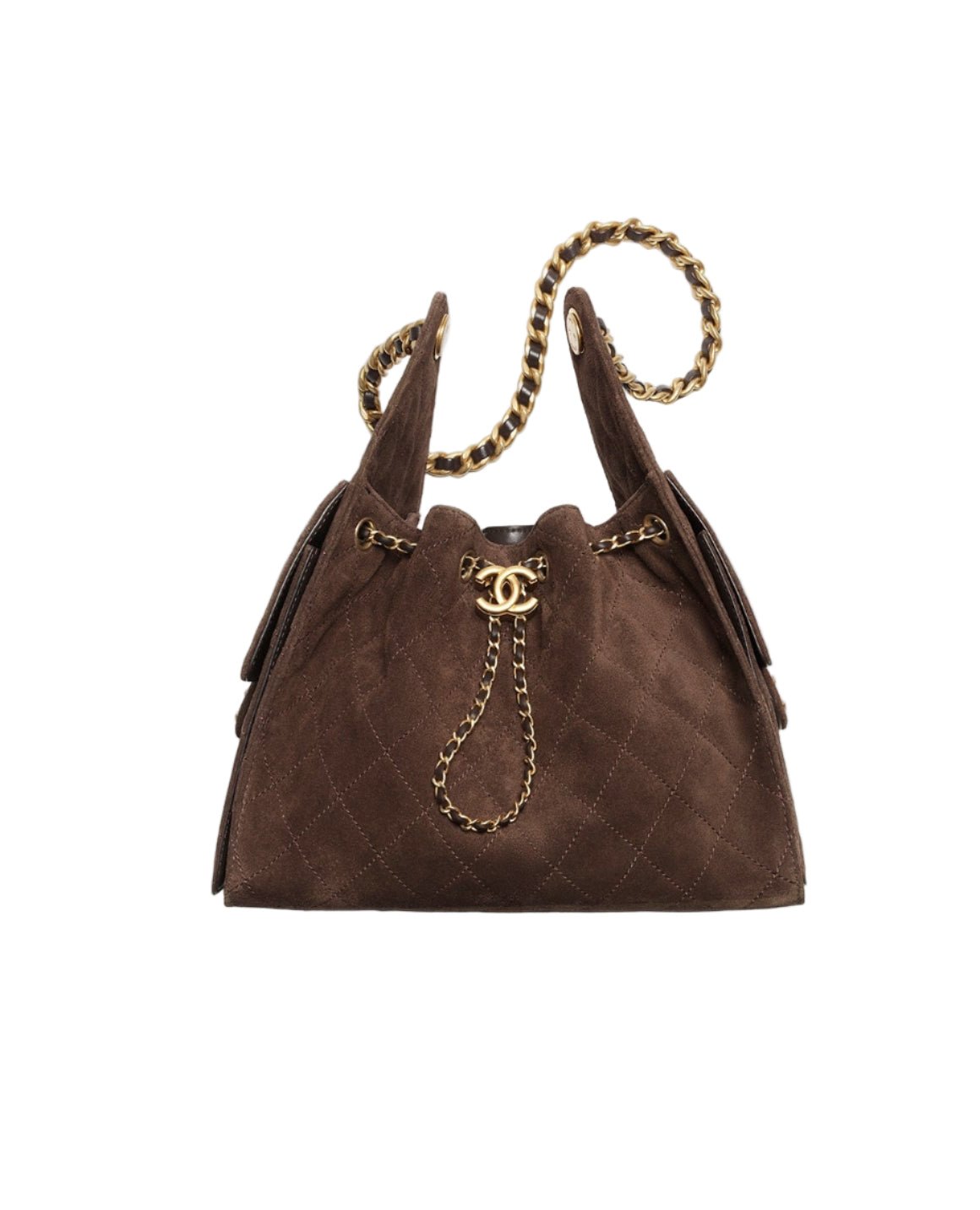 Luxe Suede Bucket Bag in brown suede with gold chain details, perfect for Damenmode online kaufen and trendige Damenmode.