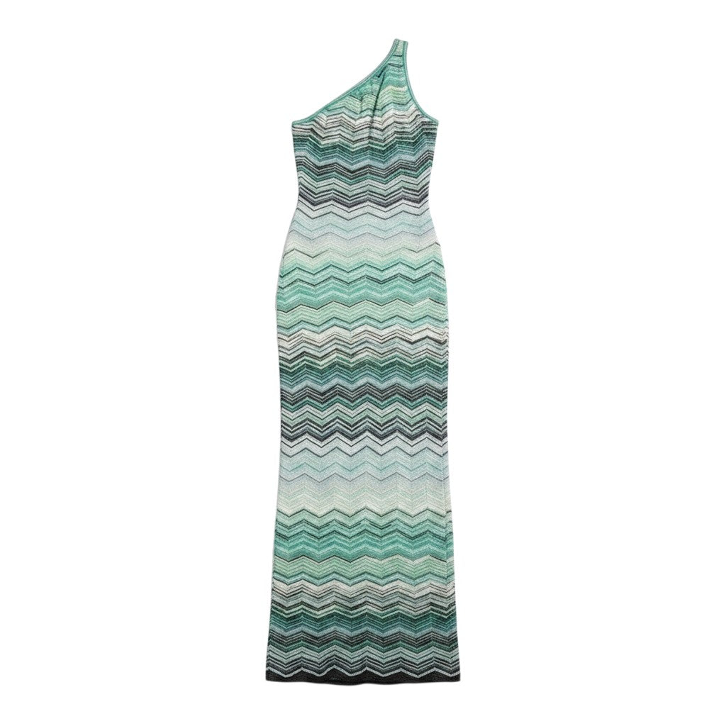 Miraee Paris teal green gradient zigzag print one-shoulder knit maxi dress for women