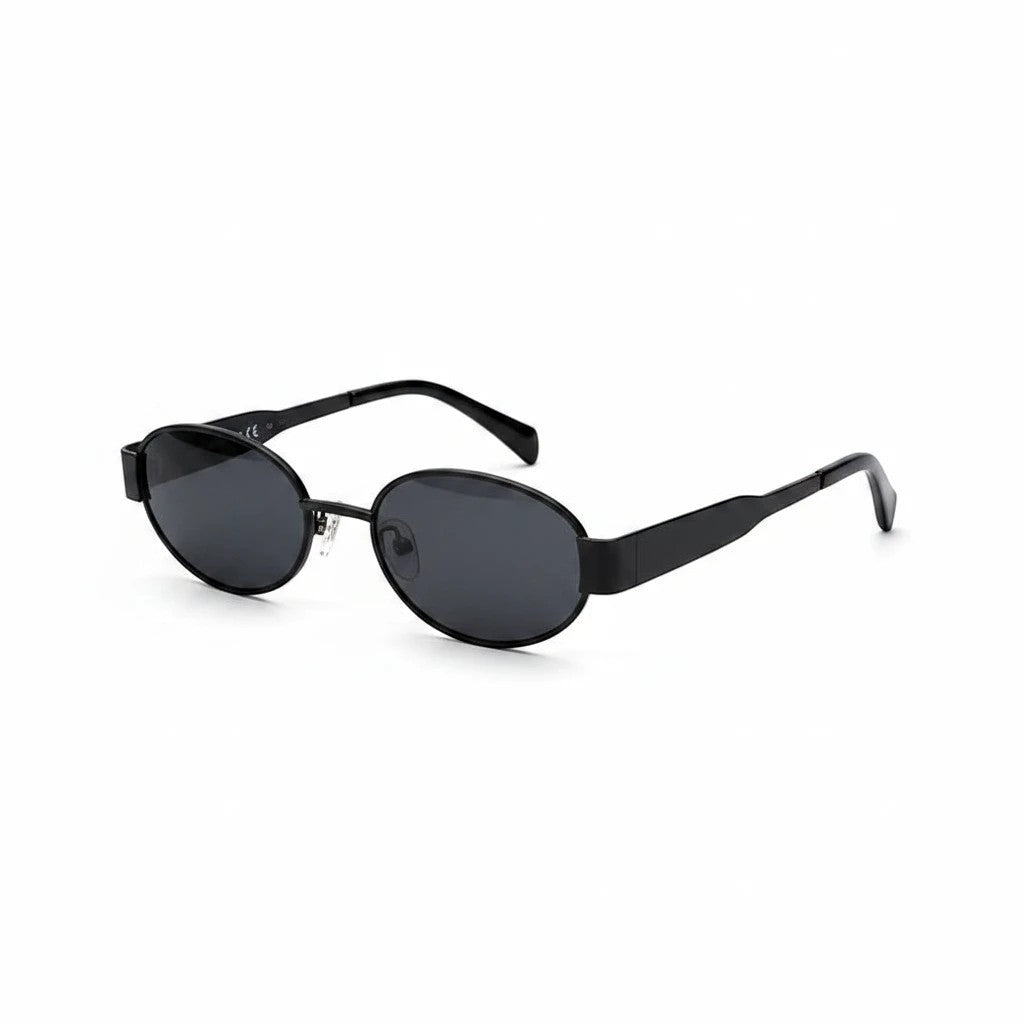 Miraee Paris Vivienne oval sunglasses with a black metal frame and dark tinted lenses for a minimalist look.