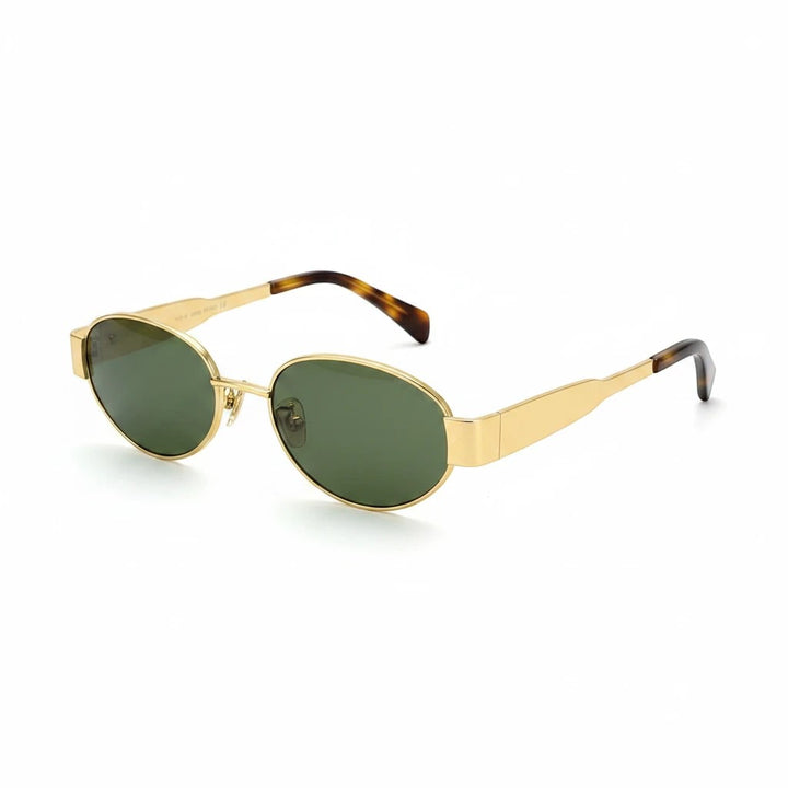 Miraee Paris Vivienne oval sunglasses with a gold metal frame and dark green lenses, featuring elegant minimalist design.