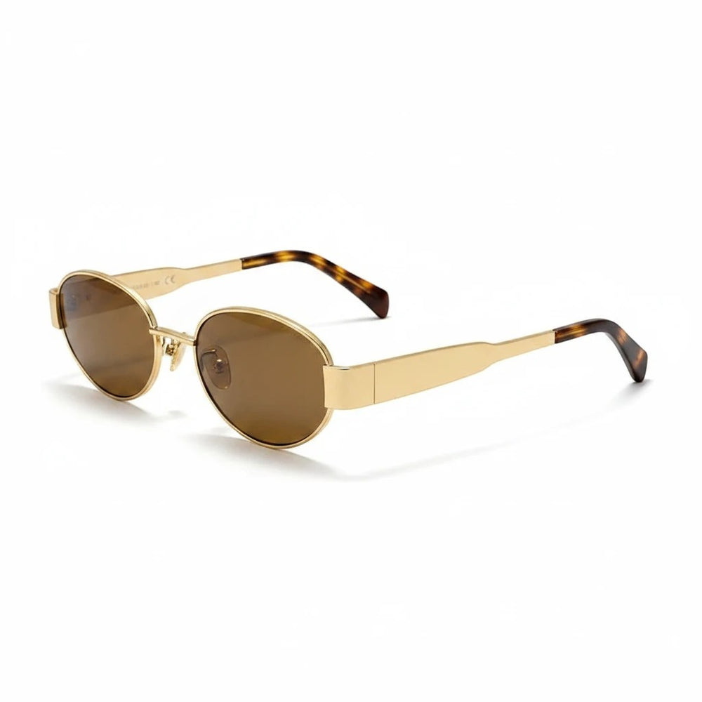 Miraee Paris Vivienne oval sunglasses with a gold metal frame and brown tinted lenses, featuring tortoiseshell temple tips.