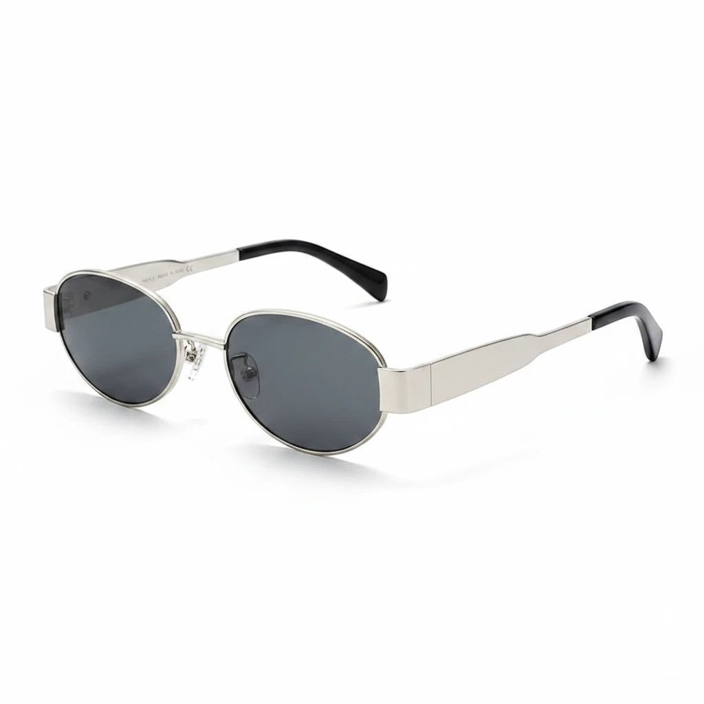 Miraee Paris Vivienne oval sunglasses featuring a sleek silver metal frame and dark tinted lenses.