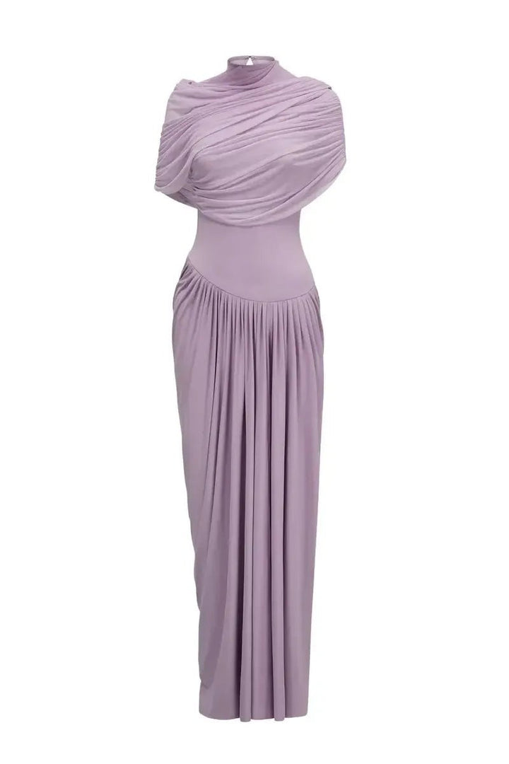 Drapiertes Maxikleid Celeste in fließendem lila Stoff, ideal für elegante Anlässe und Abendveranstaltungen.