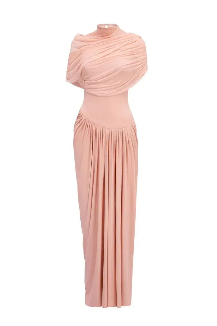 Drapiertes Maxikleid Celeste in zartem Rosa mit eleganter Drapierung und fließendem Stoff, ideal für besondere Anlässe.