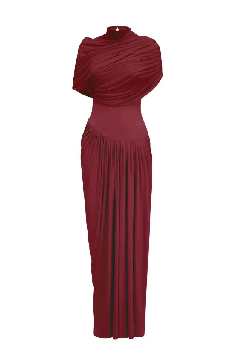 Drapiertes Maxikleid Celeste in elegantem Rot, ideal für besondere Anlässe und Abendveranstaltungen.
