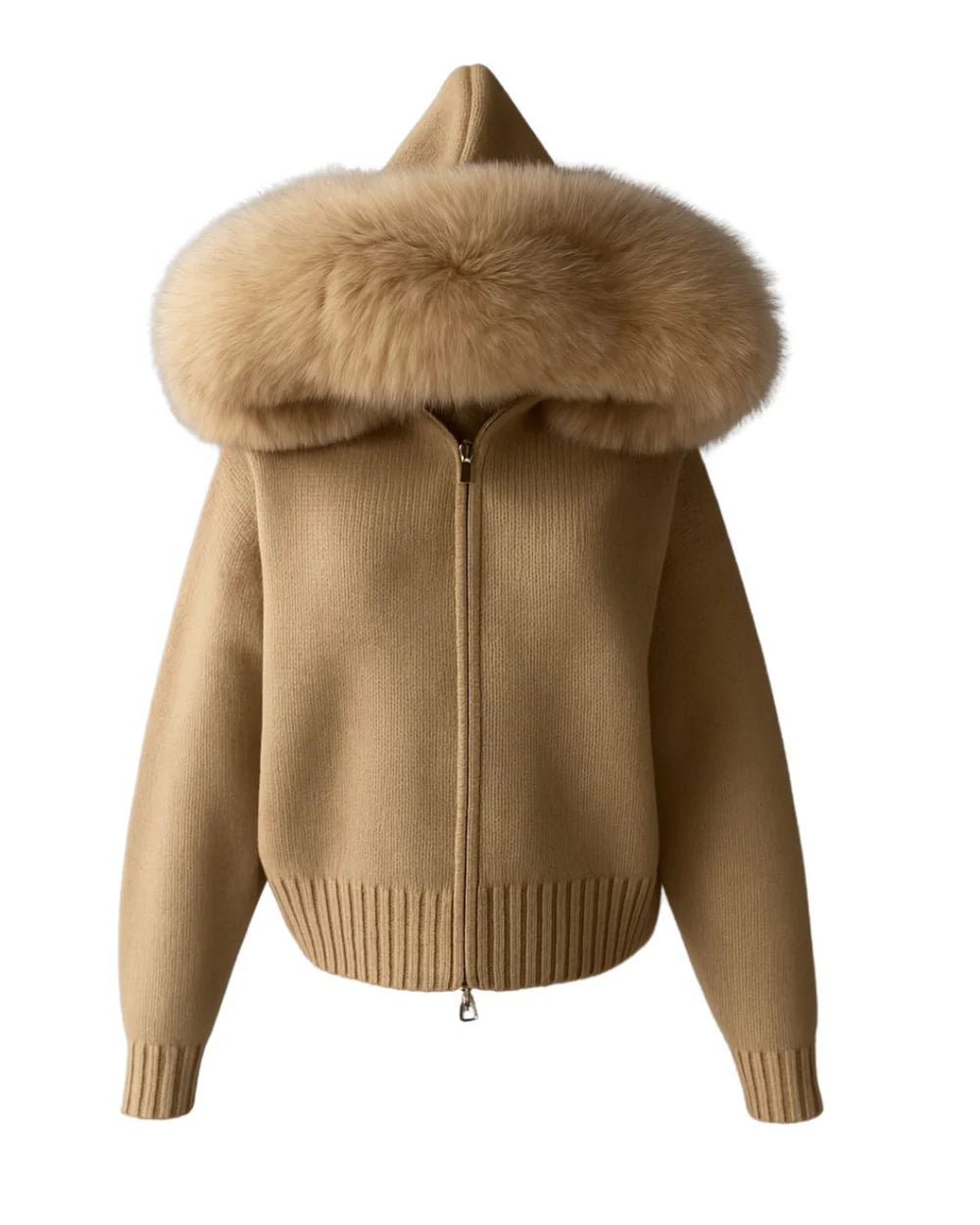 BELAMY – Chaleur Kapuzenpullover mit Fellbesatz in Beige, ideal für trendige Damenmode und elegante Outfits.