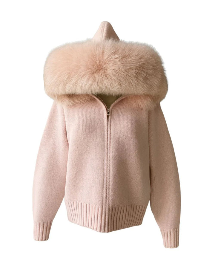BELAMY – Chaleur Kapuzenpullover mit Fellbesatz in zartem Rosa, ideal für luxuriöse Damenmode.