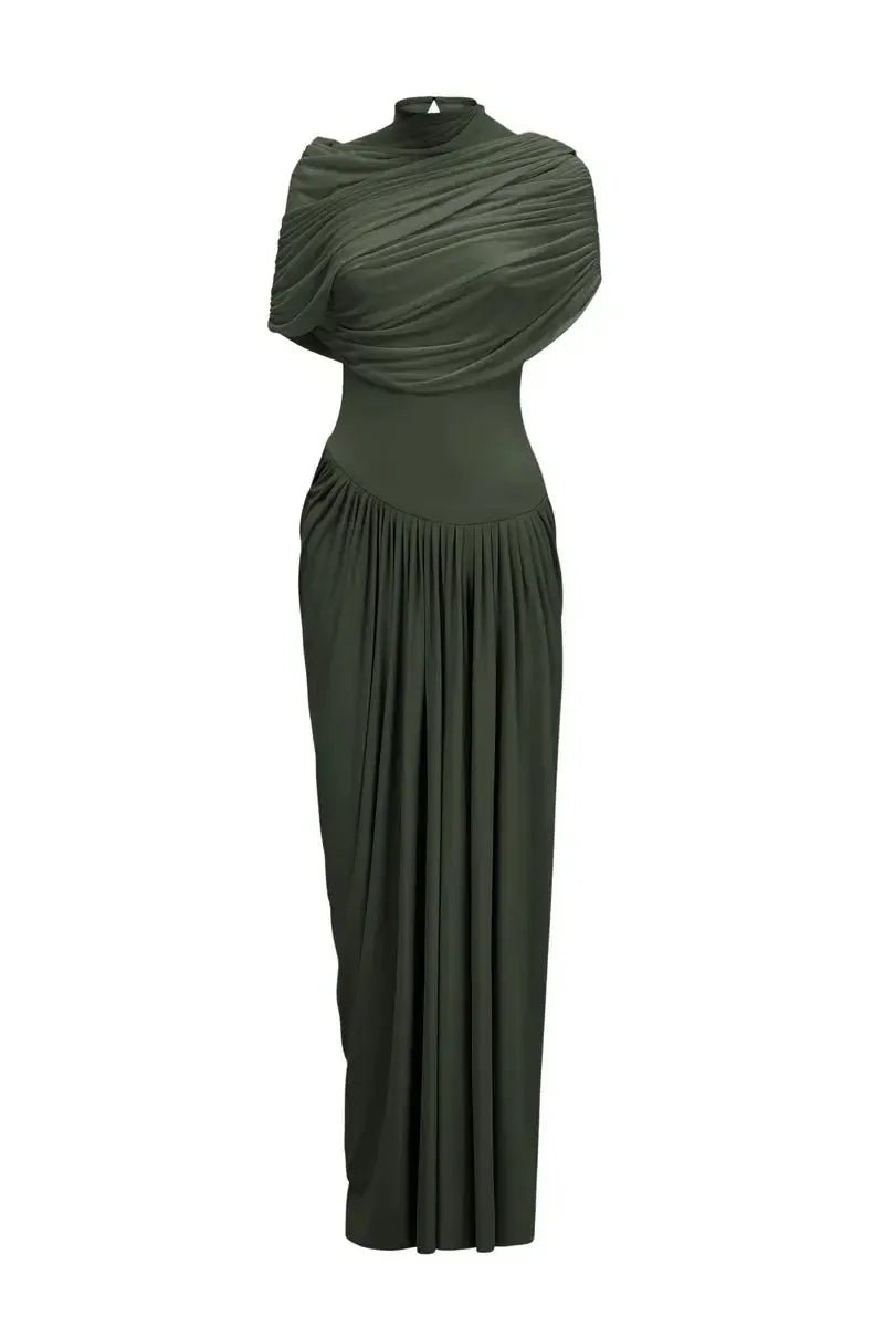 Drapiertes Maxikleid Celeste in elegantem Olivgrün, ideal für Abendveranstaltungen und besondere Anlässe.