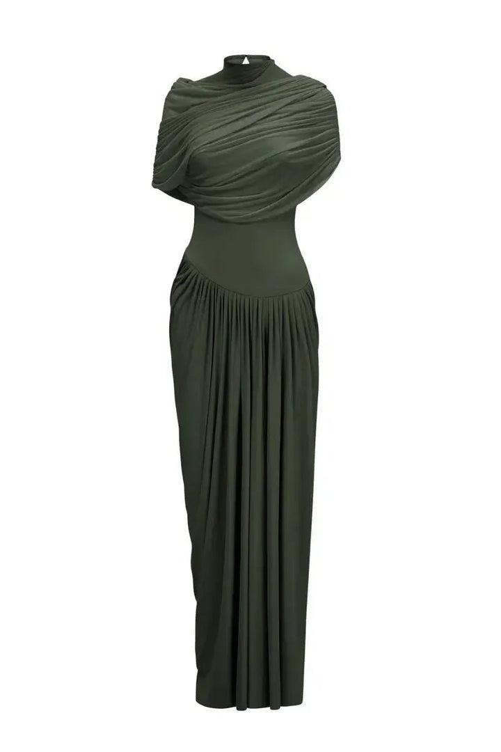 Drapiertes Maxikleid Celeste in elegantem Olivgrün, ideal für Abendveranstaltungen und besondere Anlässe.