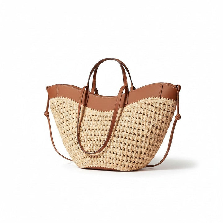 Miraee Paris woven shoulder bag in beige and brown with leather-look trim and comfortable carry handles.