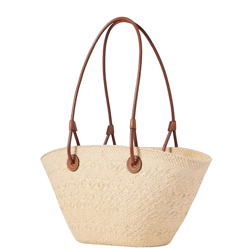 Miraee Paris woven straw shoulder tote handbag with brown leather straps and a structured curved silhouette.