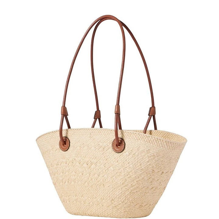 Miraee Paris woven straw shoulder tote handbag with brown leather straps and a structured curved silhouette.