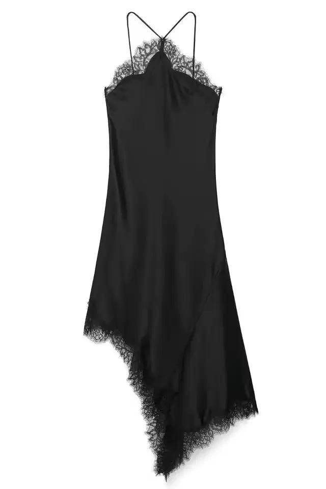 Elegantes Satin Slip Dress in Schwarz mit feiner Spitzenverzierung, schickes und zeitloses Damenkleid.