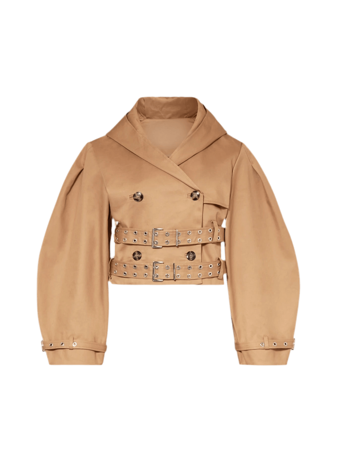 Cropped Trenchjacke Damen – Kurz, Camel, mit Doppelgürtel & Oversized-Ärmeln.