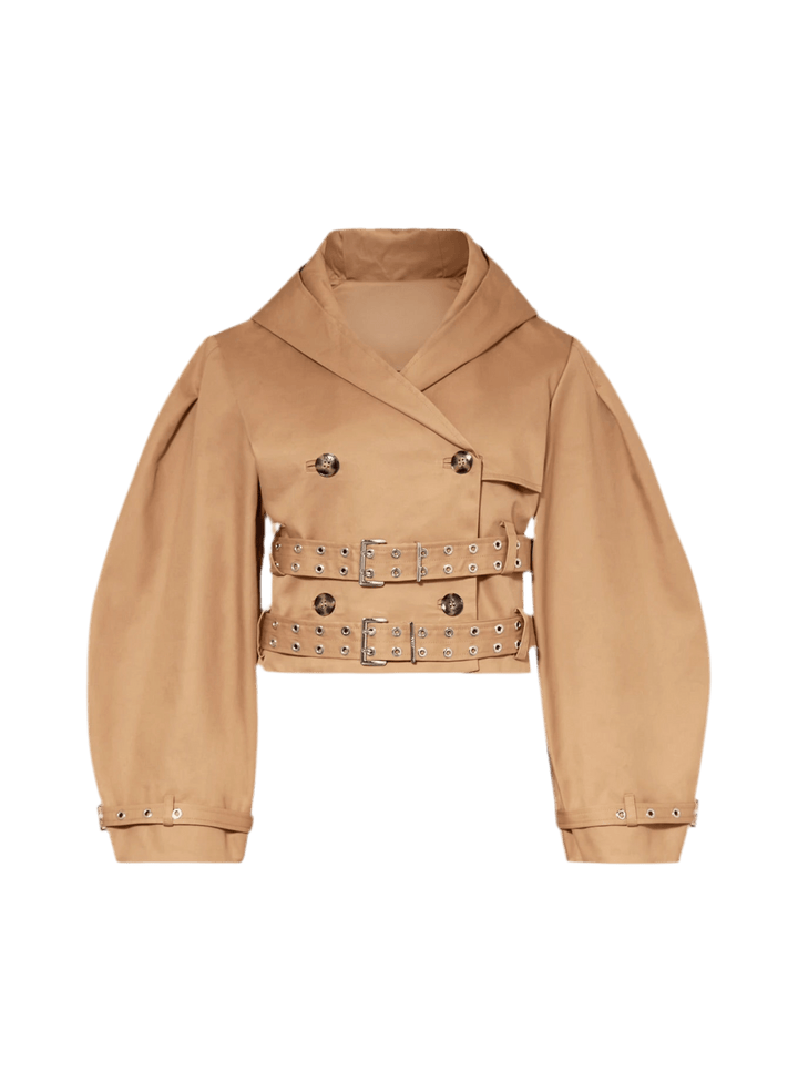 Cropped Trenchjacke Damen – Kurz, Camel, mit Doppelgürtel & Oversized-Ärmeln.