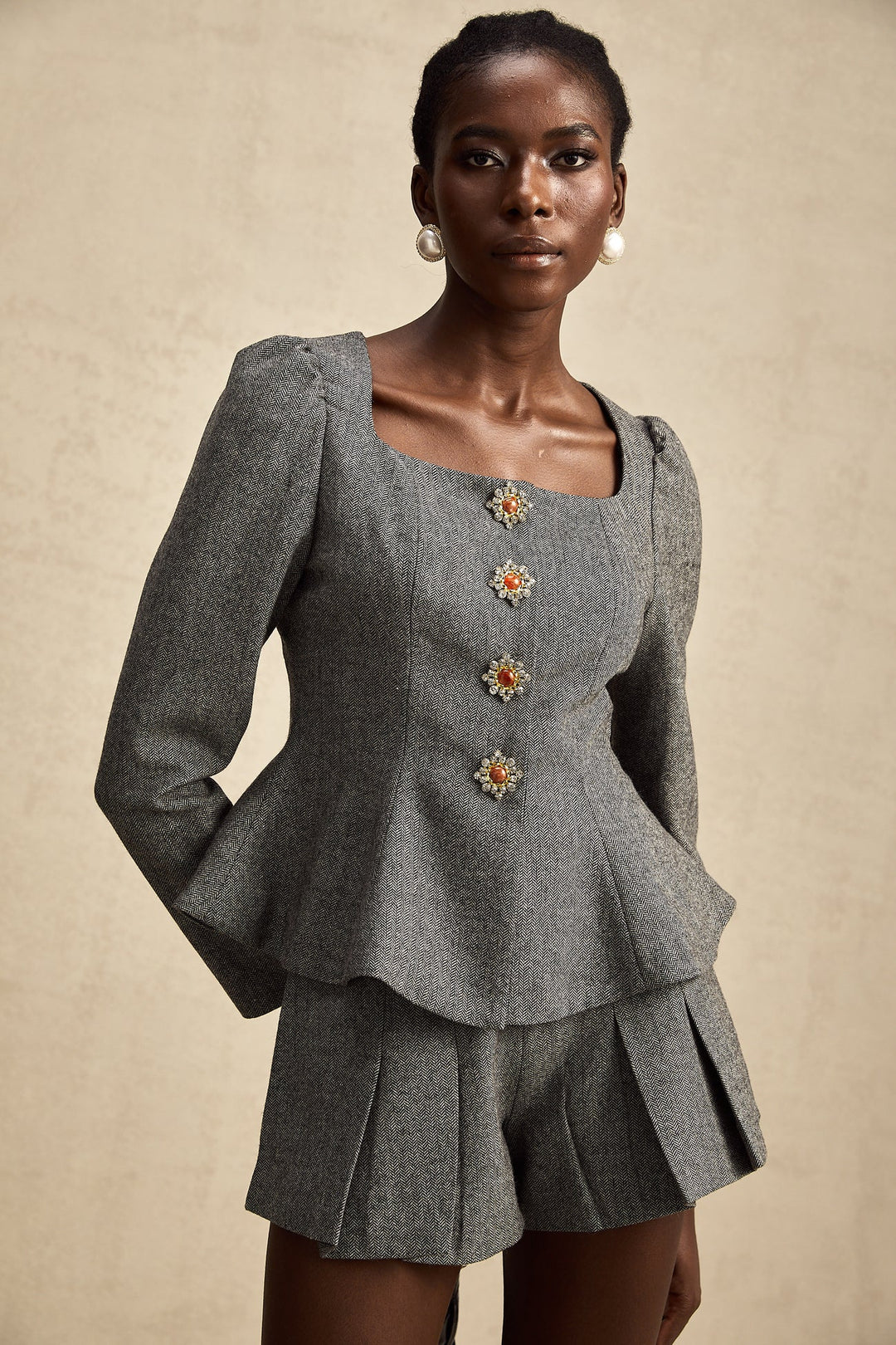 MIA - Premium Fashion Set featuring a stylish grey peplum top with buttons and matching shorts.