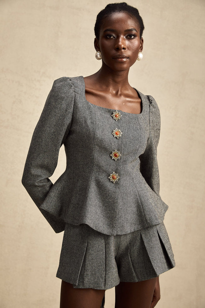 MIA - Premium Fashion Set featuring a stylish grey peplum top with buttons and matching shorts.
