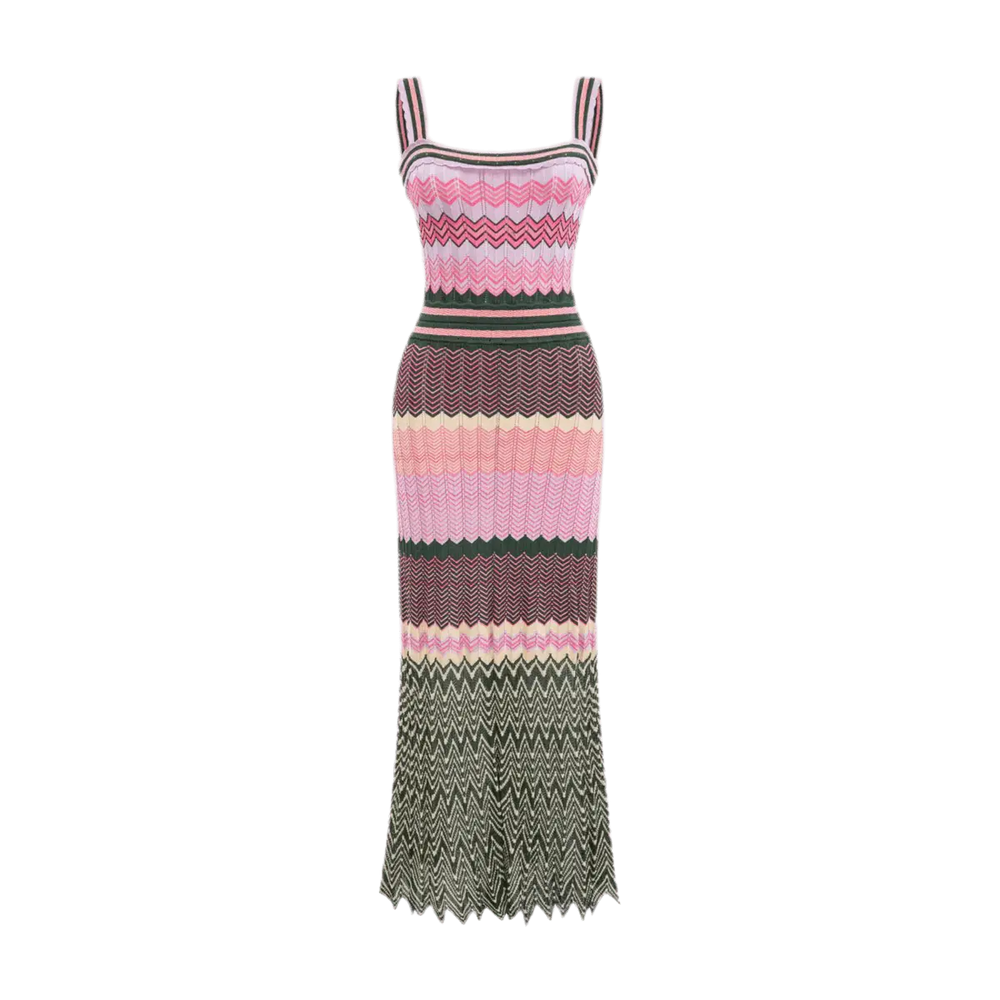 ZigZag Muse Knit Dress – Sunset Vibes, farbenfrohes Zickzack-Muster in Pink und Sunset-Farben für fröhliche Sommerlooks.