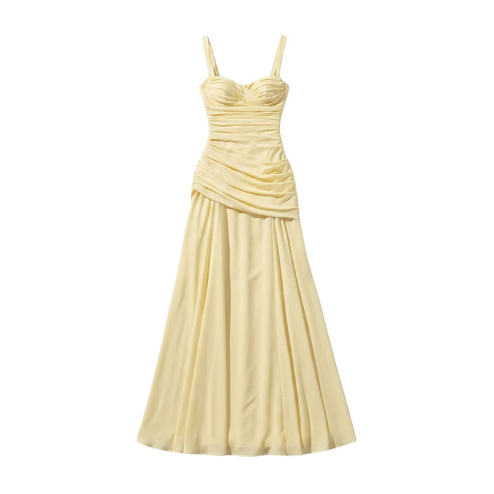 Miraee Paris pale yellow sleeveless maxi dress with a pleated bodice, spaghetti straps, and a flowing skirt.
