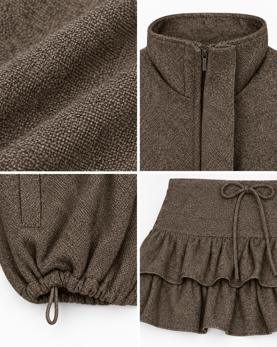 PLISSÉ Set – Detailansichten von Stoff, Kragen, Reißverschluss und Rüschen