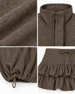 PLISSÉ Set – Detailansichten von Stoff, Kragen, Reißverschluss und Rüschen