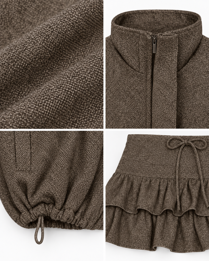 PLISSÉ Set – Detailansichten von Stoff, Kragen, Reißverschluss und Rüschen