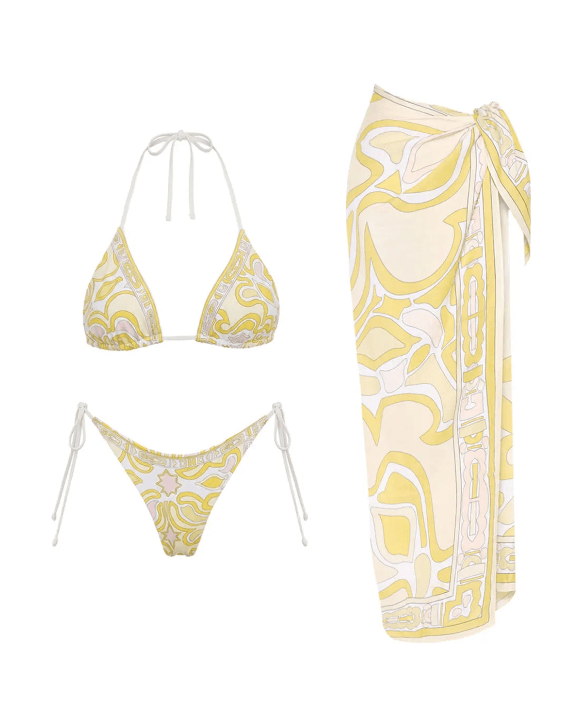MIRAEE-UNIFORM-2026 | RIVIERA – Printed Tanga Bikini-Set mit Muster – Set 1 – freigestellte Produktansicht auf weißem Hintergrund