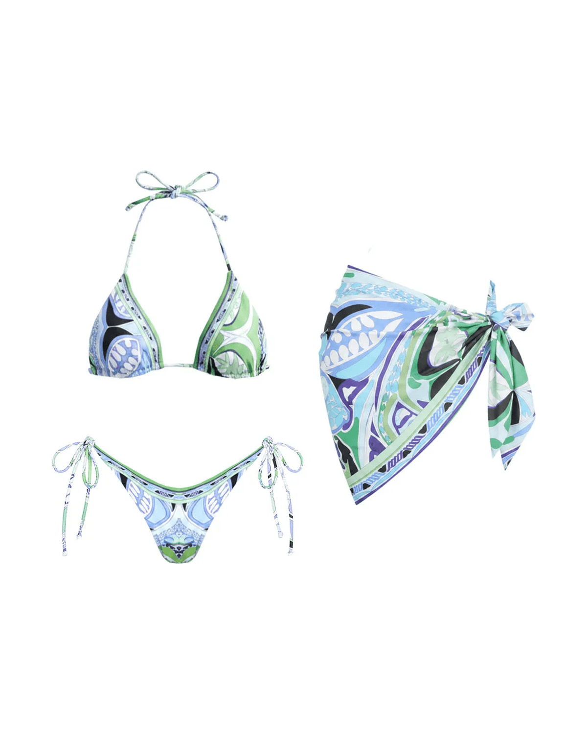 MIRAEE-UNIFORM-2026 | RIVIERA – Printed Tanga Bikini-Set mit Muster – Set 3 – freigestellte Produktansicht auf weißem Hintergrund
