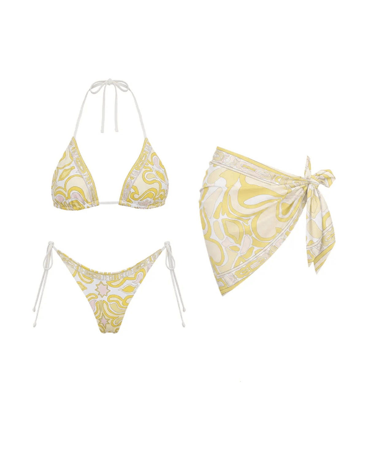 MIRAEE-UNIFORM-2026 | RIVIERA – Printed Tanga Bikini-Set mit Muster – Set 4 – freigestellte Produktansicht auf weißem Hintergrund