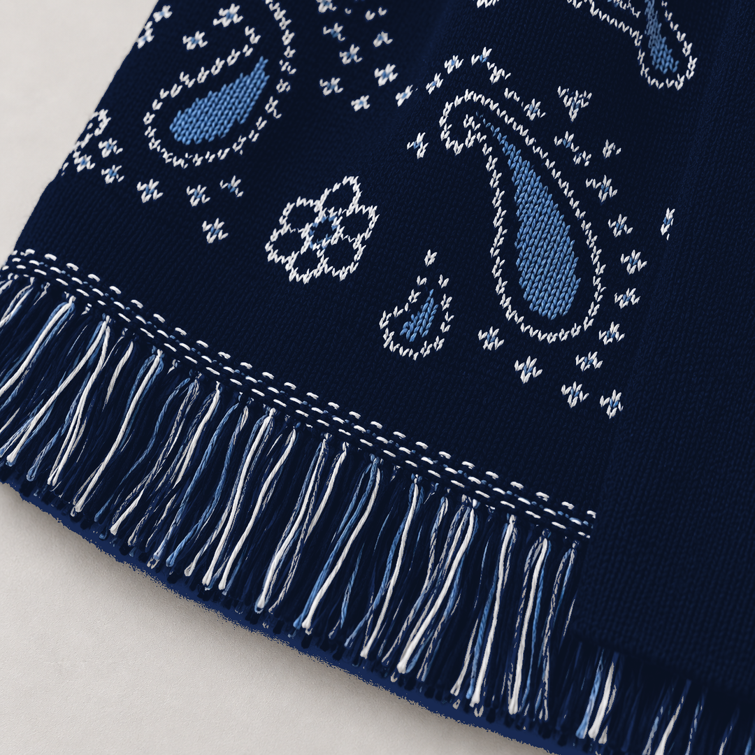 SIENNA dunkelblaue Wolljacke – Fransen und Strickdetail