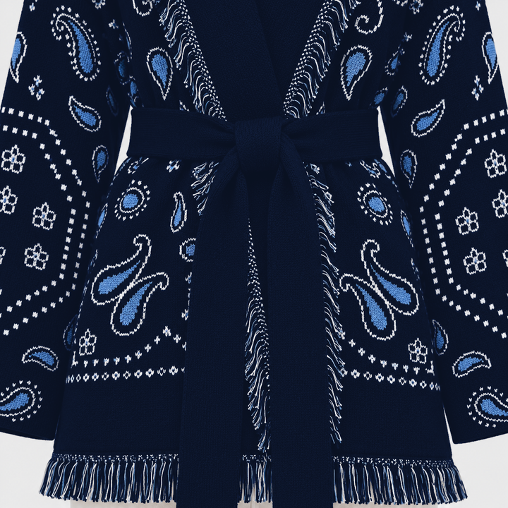 SIENNA dunkelblaue Wolljacke – Bindegürtel Detail