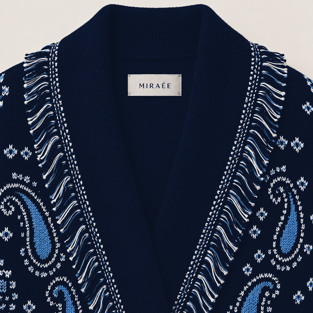 SIENNA dunkelblaue Wolljacke – MIRAÉE Innenlabel und Kragen