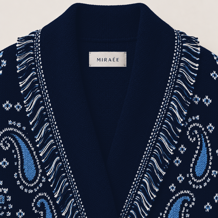 SIENNA dunkelblaue Wolljacke – MIRAÉE Innenlabel und Kragen
