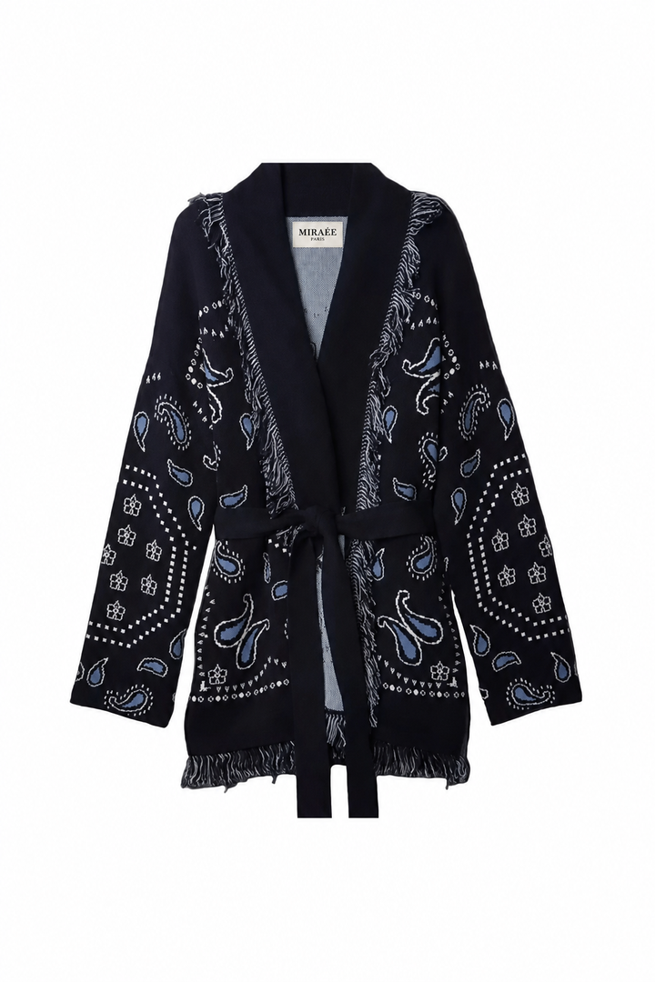 SIENNA dunkelblaue Wolljacke – Produkt Frontansicht mit MIRAÉE PARIS Innenlabel