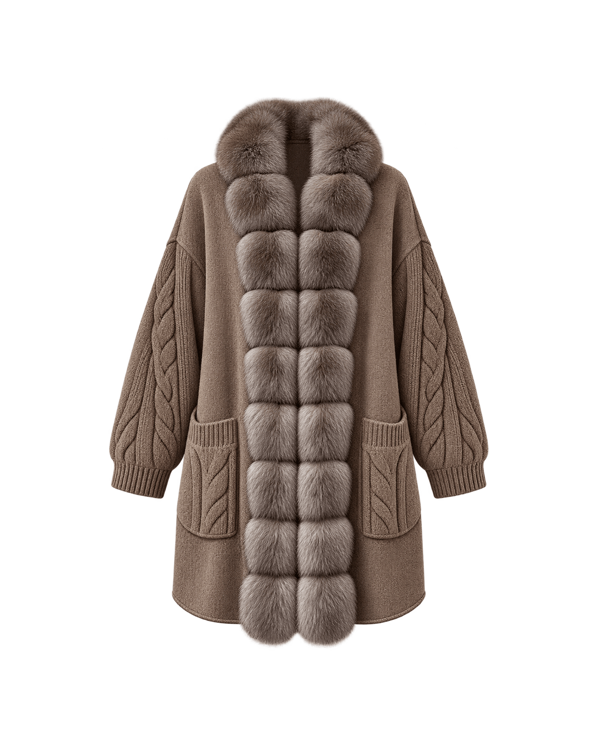 MIRAEE-UNIFORM-2026 | SIENNA – Langer Cardigan mit Zopfmuster und Besatz – 3 – freigestellte Produktansicht auf weißem Hintergrund
