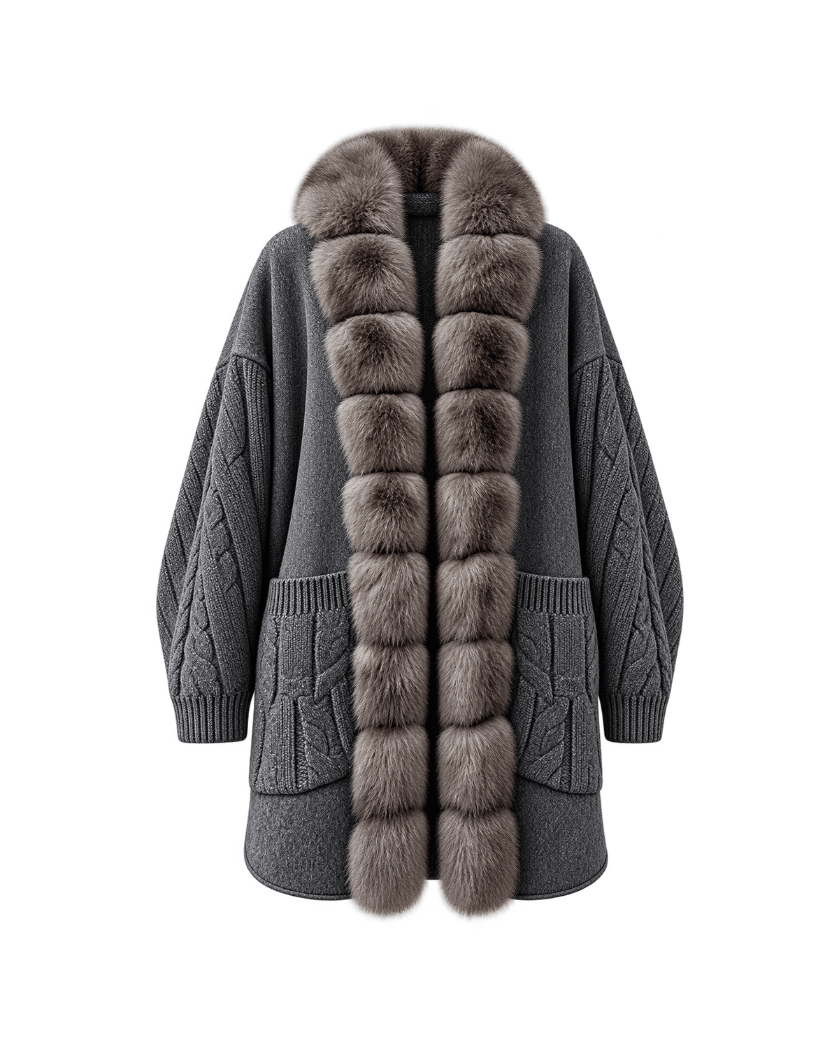 MIRAEE-UNIFORM-2026 | SIENNA – Langer Cardigan mit Zopfmuster und Besatz – 5 – freigestellte Produktansicht auf weißem Hintergrund